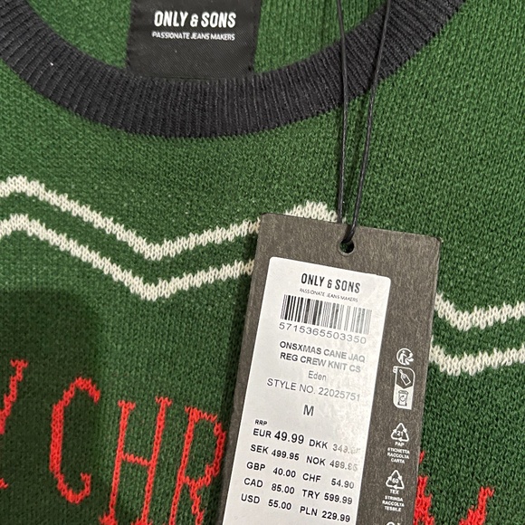 Only & Sons Men’s Green Multi “Merry Christmas” Holiday Sweater Sz-M - Picture 5 of 7